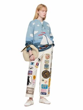 BODE Patch Applique Pants White Cotton Graphic Wide Leg 32 NWT Rare Unisex 🟡